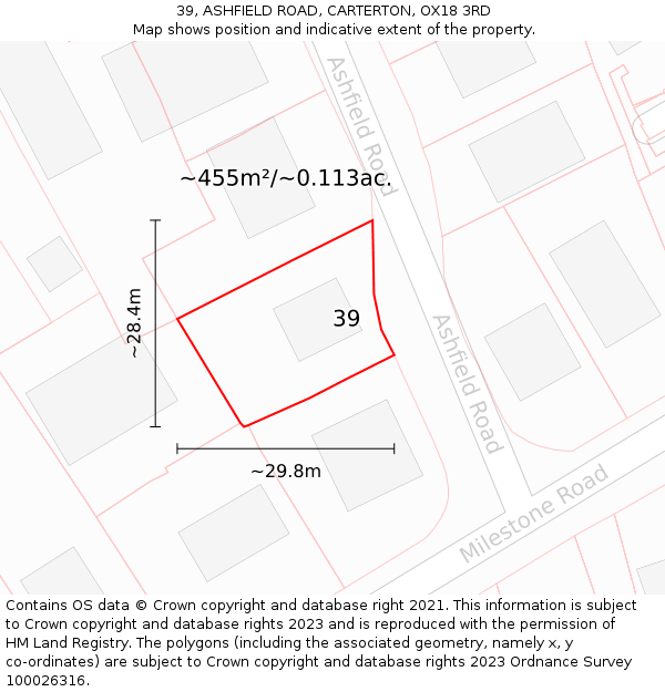39, ASHFIELD ROAD, CARTERTON, OX18 3RD: Plot and title map