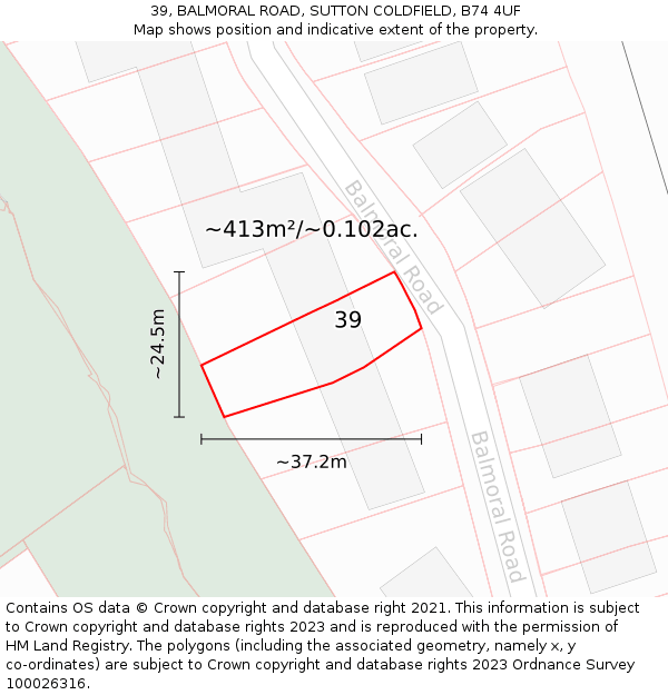 39, BALMORAL ROAD, SUTTON COLDFIELD, B74 4UF: Plot and title map