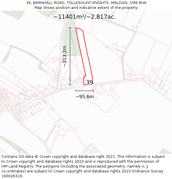 39, BARNHALL ROAD, TOLLESHUNT KNIGHTS, MALDON, CM9 8HA: Plot and title map