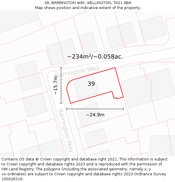 39, BARRINGTON WAY, WELLINGTON, TA21 9BA: Plot and title map