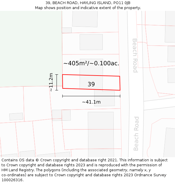 39, BEACH ROAD, HAYLING ISLAND, PO11 0JB: Plot and title map