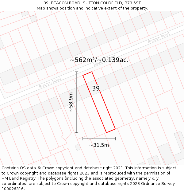 39, BEACON ROAD, SUTTON COLDFIELD, B73 5ST: Plot and title map