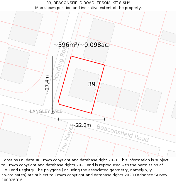 39, BEACONSFIELD ROAD, EPSOM, KT18 6HY: Plot and title map