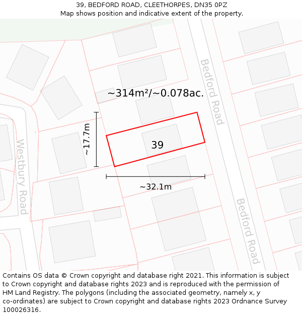 39, BEDFORD ROAD, CLEETHORPES, DN35 0PZ: Plot and title map