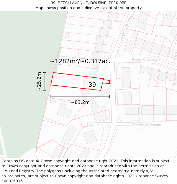 39, BEECH AVENUE, BOURNE, PE10 9RR: Plot and title map