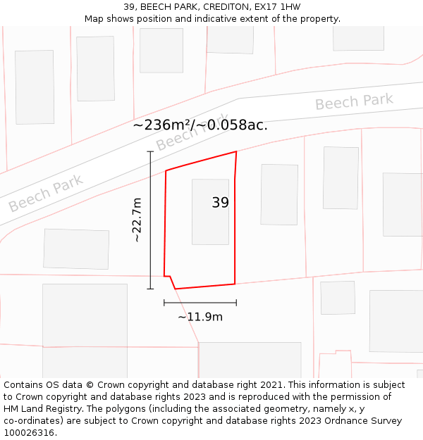 39, BEECH PARK, CREDITON, EX17 1HW: Plot and title map