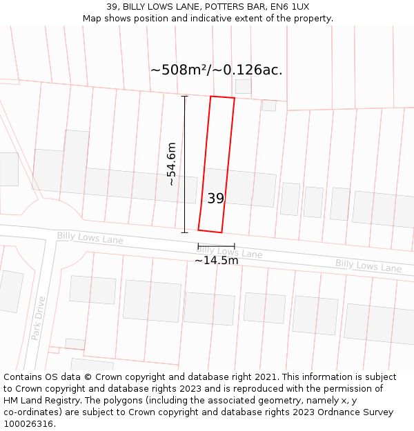 39, BILLY LOWS LANE, POTTERS BAR, EN6 1UX: Plot and title map