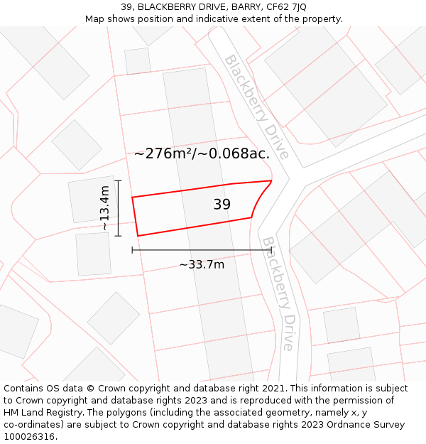 39, BLACKBERRY DRIVE, BARRY, CF62 7JQ: Plot and title map