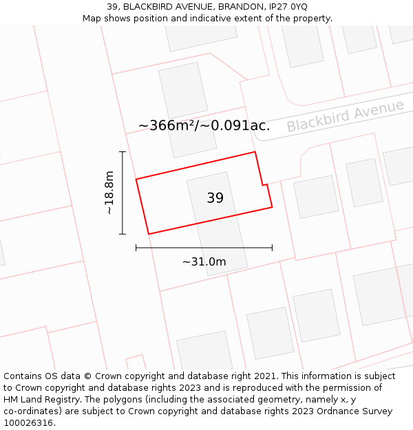 39, BLACKBIRD AVENUE, BRANDON, IP27 0YQ: Plot and title map