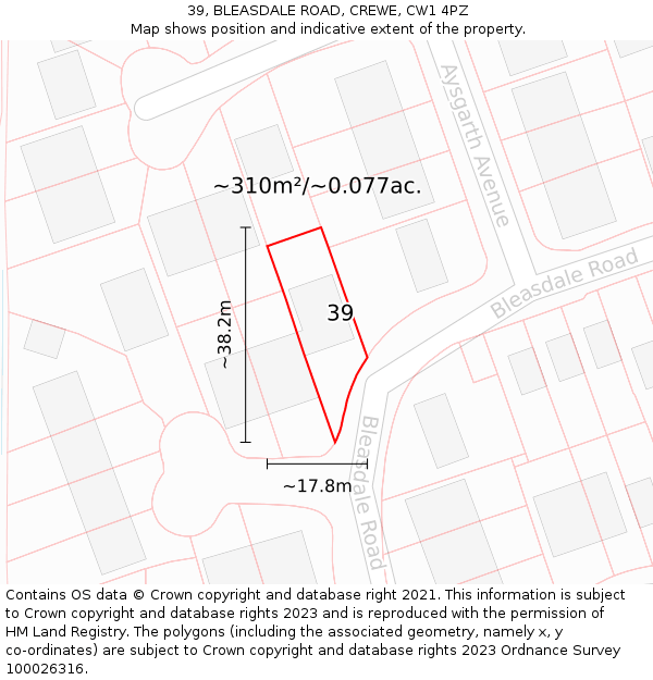 39, BLEASDALE ROAD, CREWE, CW1 4PZ: Plot and title map