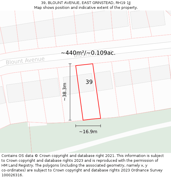 39, BLOUNT AVENUE, EAST GRINSTEAD, RH19 1JJ: Plot and title map