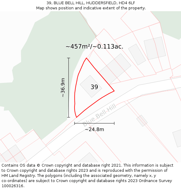 39, BLUE BELL HILL, HUDDERSFIELD, HD4 6LF: Plot and title map