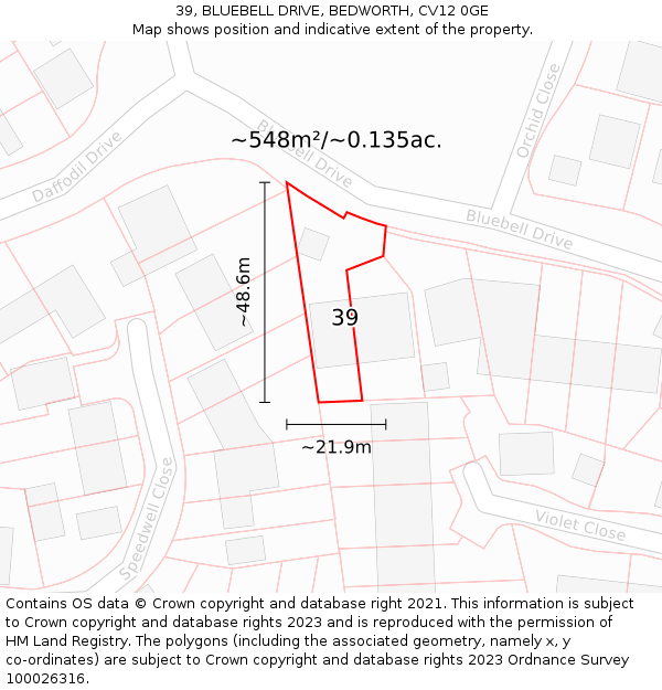 39, BLUEBELL DRIVE, BEDWORTH, CV12 0GE: Plot and title map