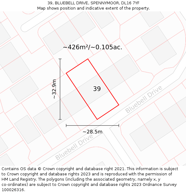 39, BLUEBELL DRIVE, SPENNYMOOR, DL16 7YF: Plot and title map