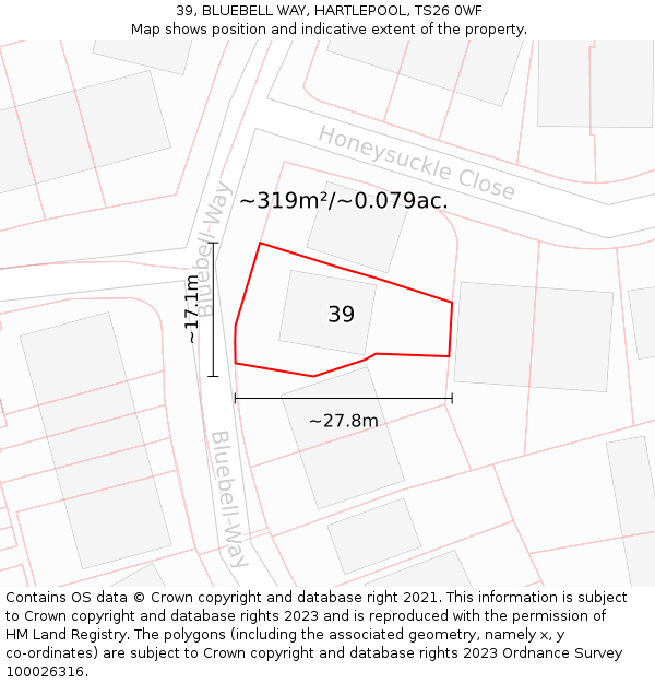 39, BLUEBELL WAY, HARTLEPOOL, TS26 0WF: Plot and title map