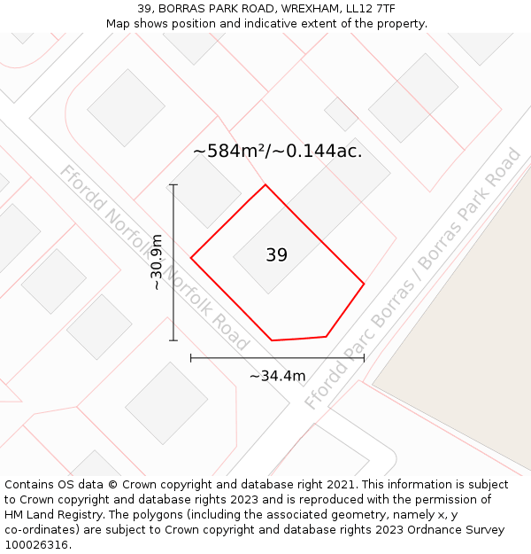 39, BORRAS PARK ROAD, WREXHAM, LL12 7TF: Plot and title map