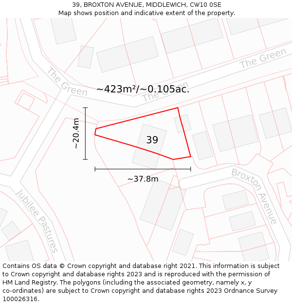 39, BROXTON AVENUE, MIDDLEWICH, CW10 0SE: Plot and title map