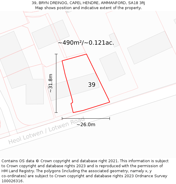 39, BRYN DREINOG, CAPEL HENDRE, AMMANFORD, SA18 3RJ: Plot and title map