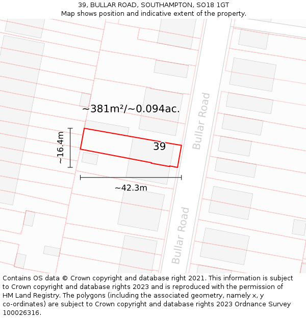 39, BULLAR ROAD, SOUTHAMPTON, SO18 1GT: Plot and title map