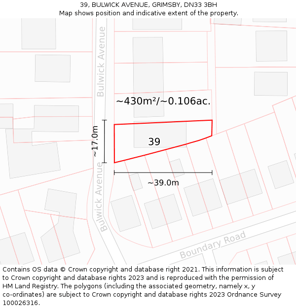 39, BULWICK AVENUE, GRIMSBY, DN33 3BH: Plot and title map