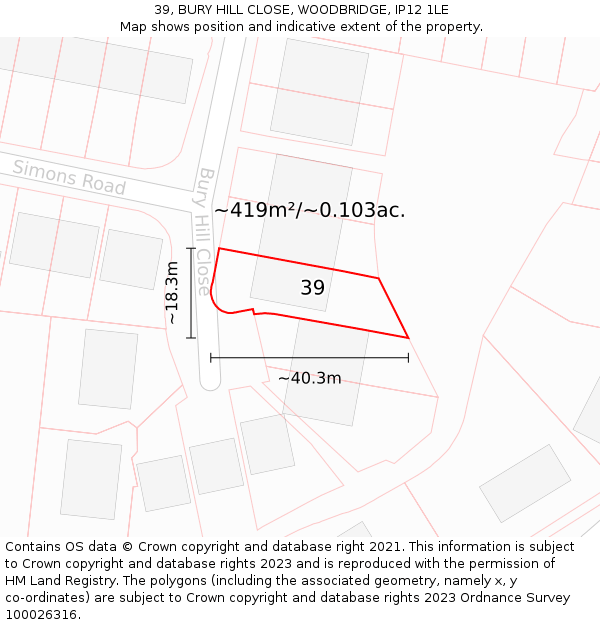 39, BURY HILL CLOSE, WOODBRIDGE, IP12 1LE: Plot and title map