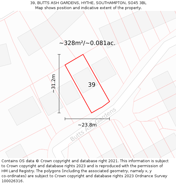 39, BUTTS ASH GARDENS, HYTHE, SOUTHAMPTON, SO45 3BL: Plot and title map