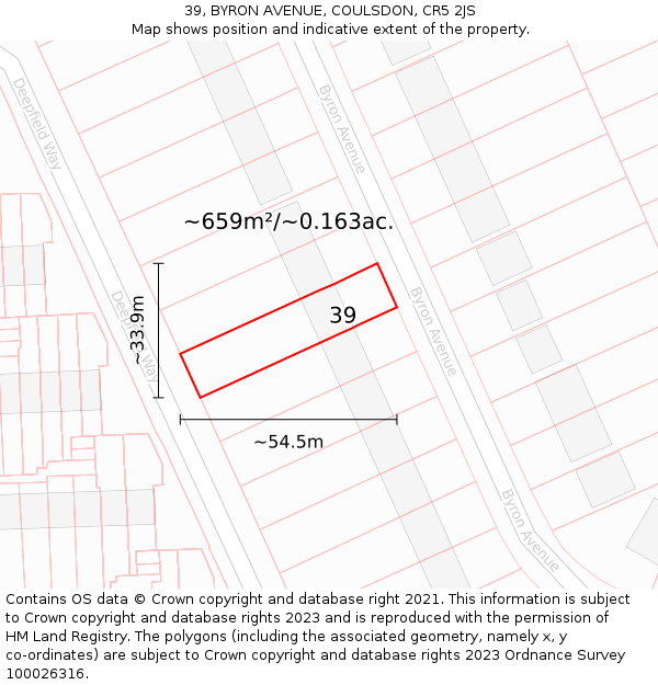 39, BYRON AVENUE, COULSDON, CR5 2JS: Plot and title map