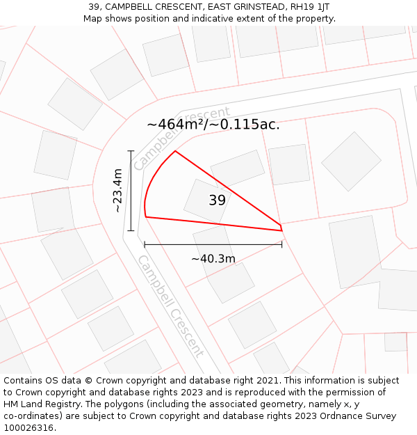 39, CAMPBELL CRESCENT, EAST GRINSTEAD, RH19 1JT: Plot and title map