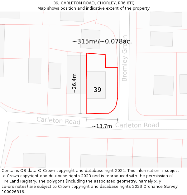 39, CARLETON ROAD, CHORLEY, PR6 8TQ: Plot and title map