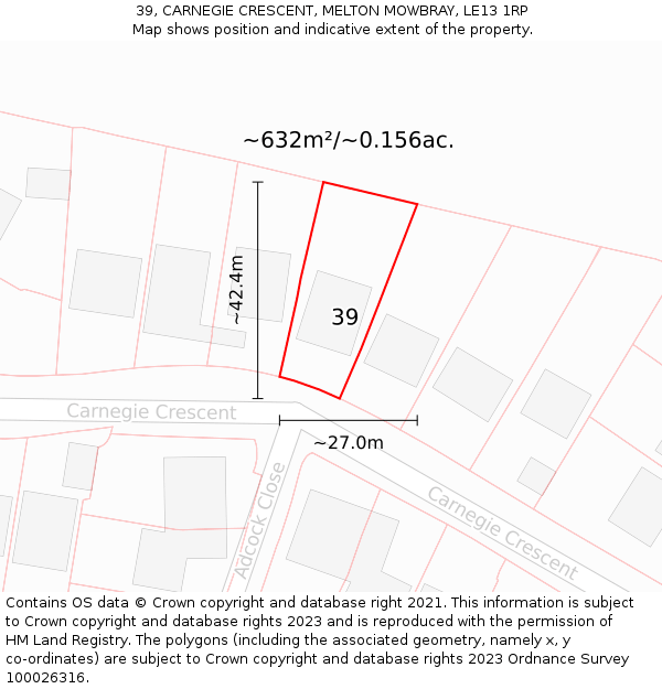 39, CARNEGIE CRESCENT, MELTON MOWBRAY, LE13 1RP: Plot and title map