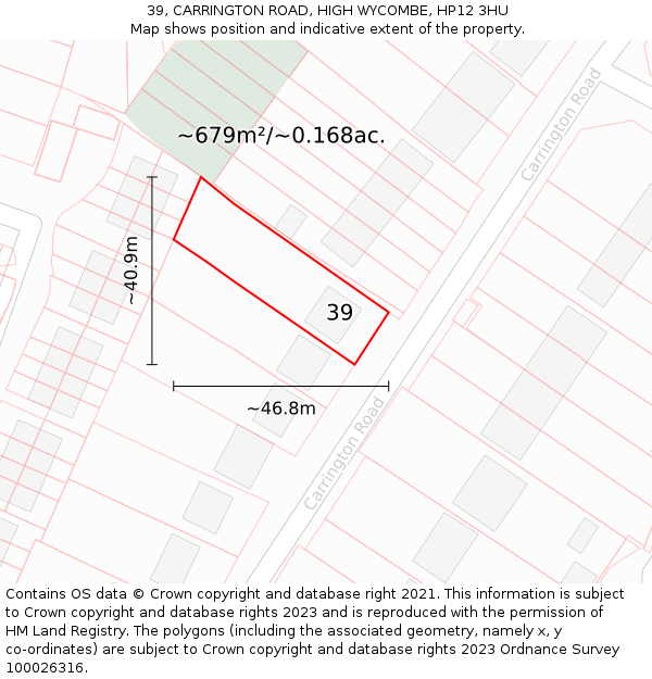 39, CARRINGTON ROAD, HIGH WYCOMBE, HP12 3HU: Plot and title map