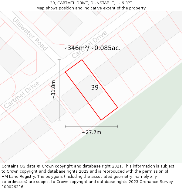 39, CARTMEL DRIVE, DUNSTABLE, LU6 3PT: Plot and title map