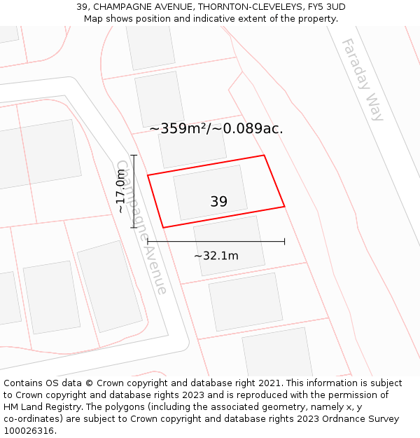 39, CHAMPAGNE AVENUE, THORNTON-CLEVELEYS, FY5 3UD: Plot and title map