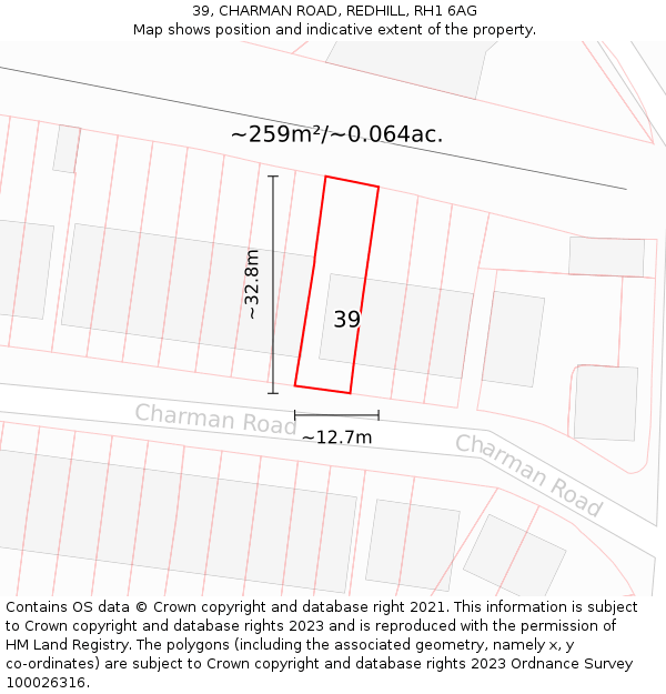 39, CHARMAN ROAD, REDHILL, RH1 6AG: Plot and title map