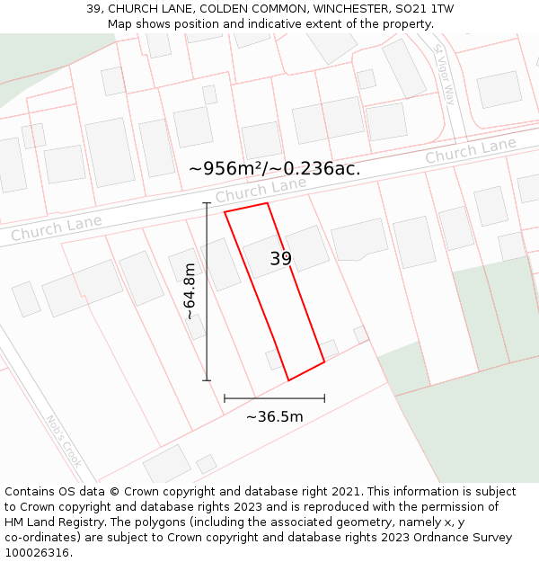 39, CHURCH LANE, COLDEN COMMON, WINCHESTER, SO21 1TW: Plot and title map