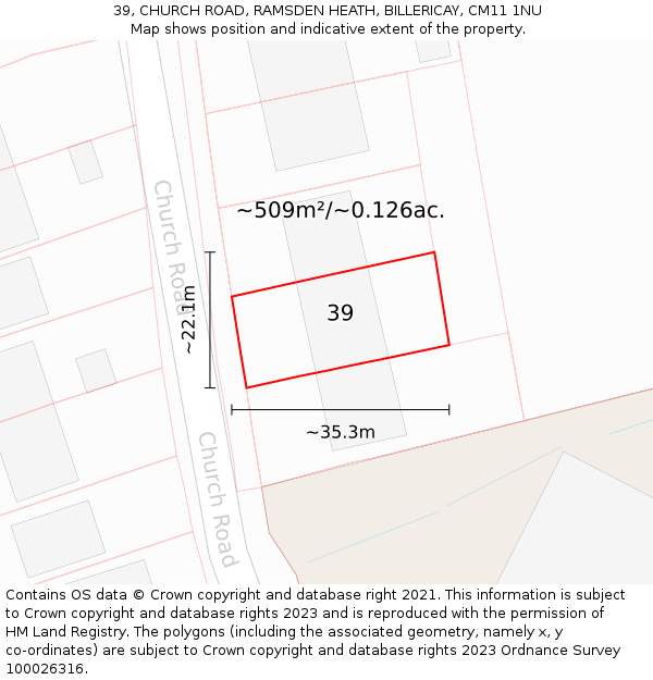 39, CHURCH ROAD, RAMSDEN HEATH, BILLERICAY, CM11 1NU: Plot and title map