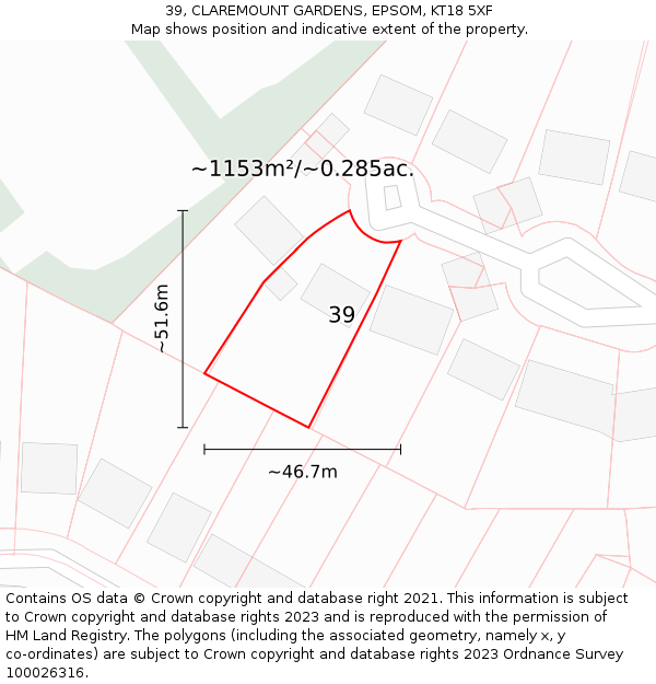 39, CLAREMOUNT GARDENS, EPSOM, KT18 5XF: Plot and title map