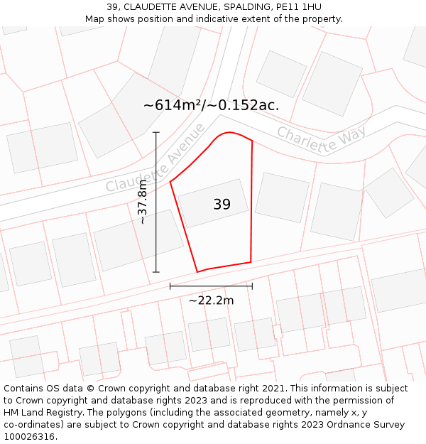 39, CLAUDETTE AVENUE, SPALDING, PE11 1HU: Plot and title map