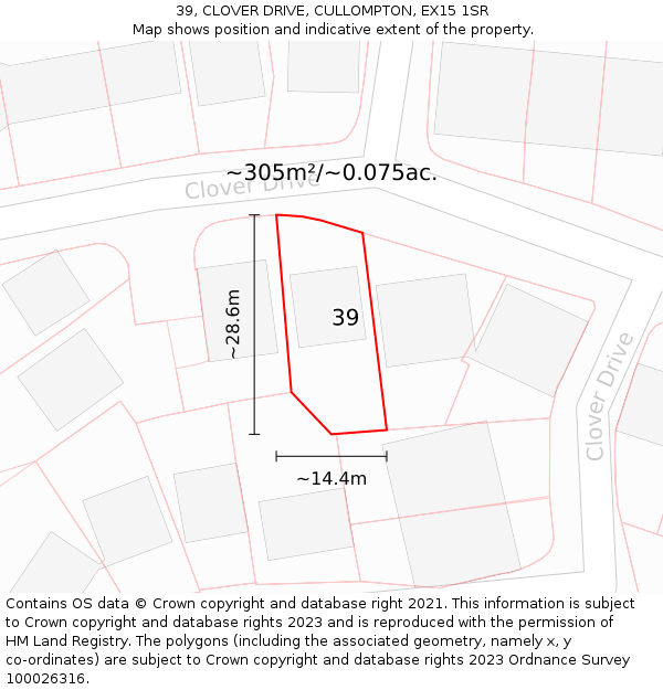 39, CLOVER DRIVE, CULLOMPTON, EX15 1SR: Plot and title map