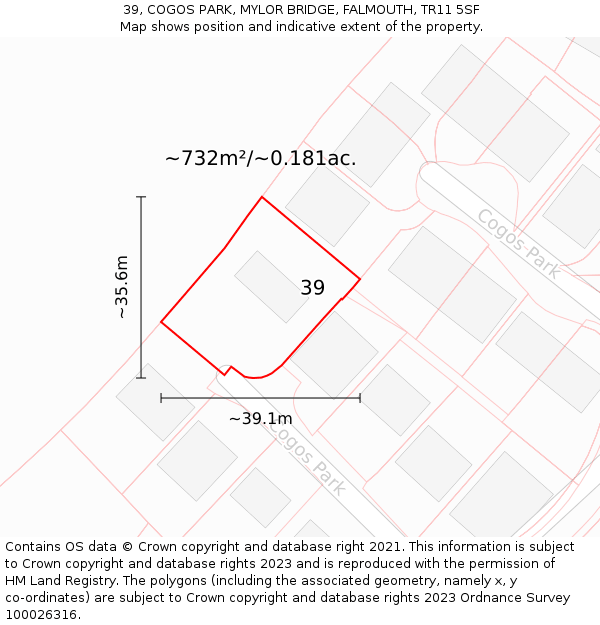 39, COGOS PARK, MYLOR BRIDGE, FALMOUTH, TR11 5SF: Plot and title map