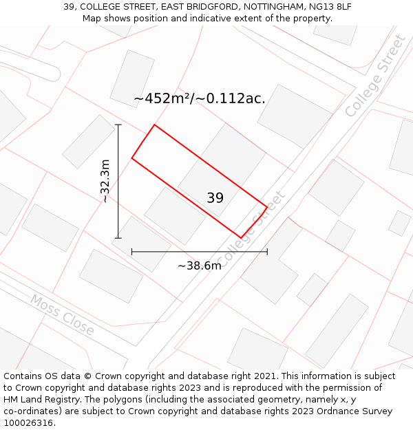 39, COLLEGE STREET, EAST BRIDGFORD, NOTTINGHAM, NG13 8LF: Plot and title map