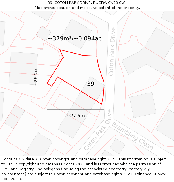 39, COTON PARK DRIVE, RUGBY, CV23 0WL: Plot and title map