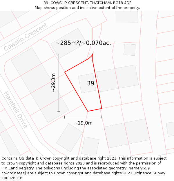 39, COWSLIP CRESCENT, THATCHAM, RG18 4DF: Plot and title map