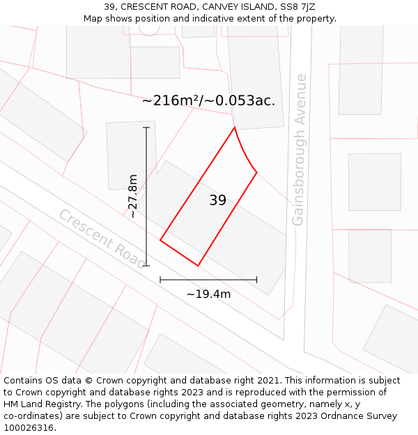 39, CRESCENT ROAD, CANVEY ISLAND, SS8 7JZ: Plot and title map