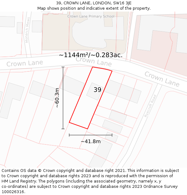 39, CROWN LANE, LONDON, SW16 3JE: Plot and title map