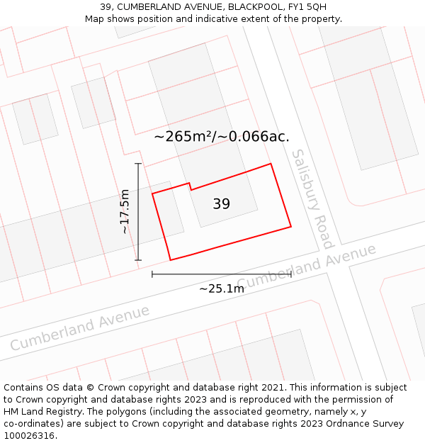 39, CUMBERLAND AVENUE, BLACKPOOL, FY1 5QH: Plot and title map