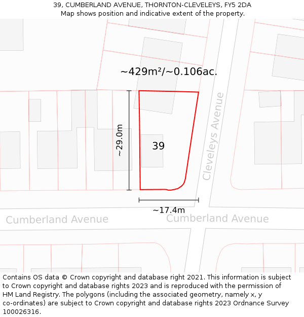39, CUMBERLAND AVENUE, THORNTON-CLEVELEYS, FY5 2DA: Plot and title map