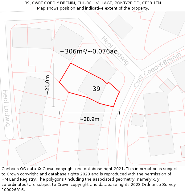 39, CWRT COED Y BRENIN, CHURCH VILLAGE, PONTYPRIDD, CF38 1TN: Plot and title map