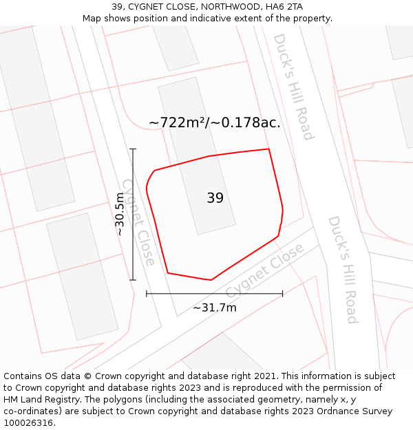 39, CYGNET CLOSE, NORTHWOOD, HA6 2TA: Plot and title map