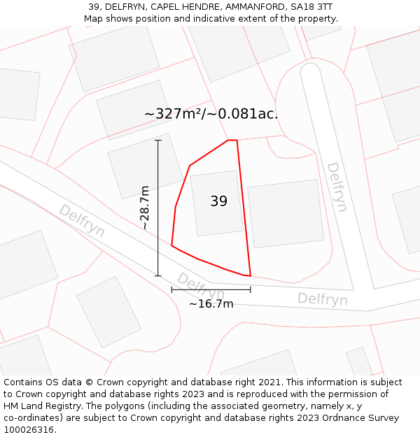 39, DELFRYN, CAPEL HENDRE, AMMANFORD, SA18 3TT: Plot and title map